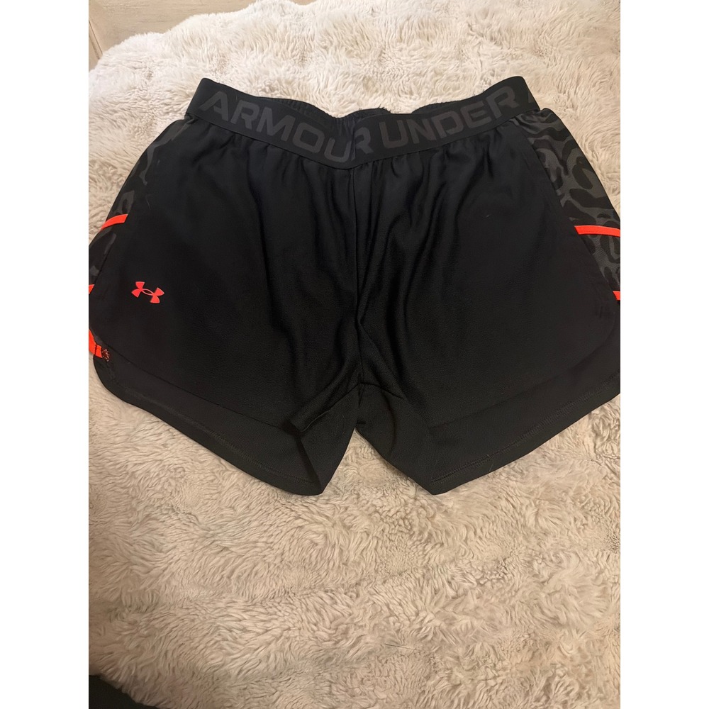 Under Armour Womens Black Leopard Print Running Shorts Neon Orange Accents MD